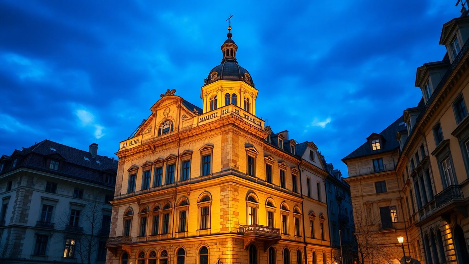 Arhitectură istorică din Timișoara la apus, în lumină caldă aurie